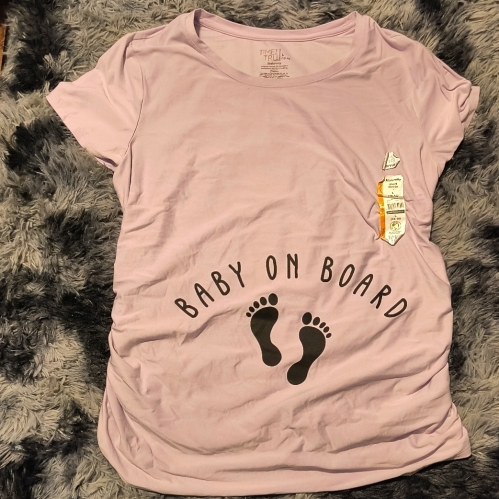 Purple short sleeve womens shirt maternity size L Baby On Board black footprints
